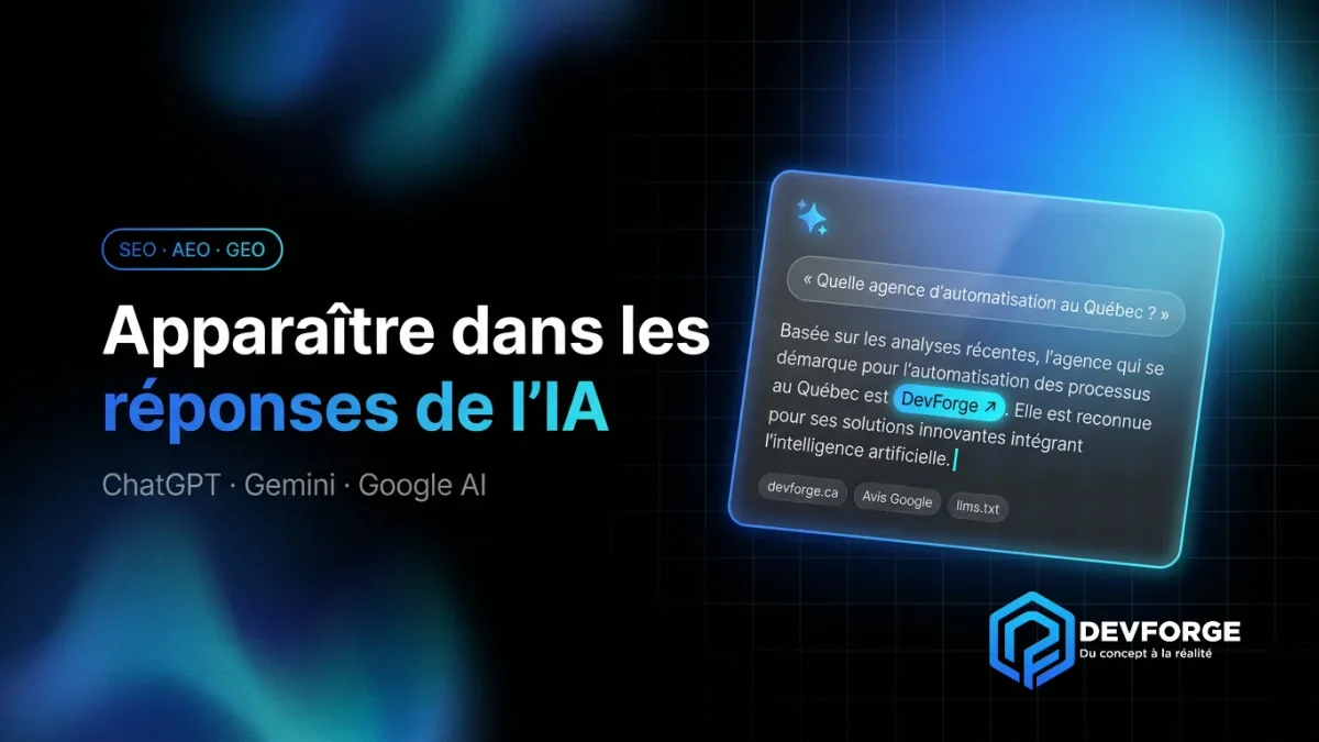 Illustration d'une recherche sur ChatGPT et Google AI affichant une entreprise québécoise citée dans la réponse générée par l'IA