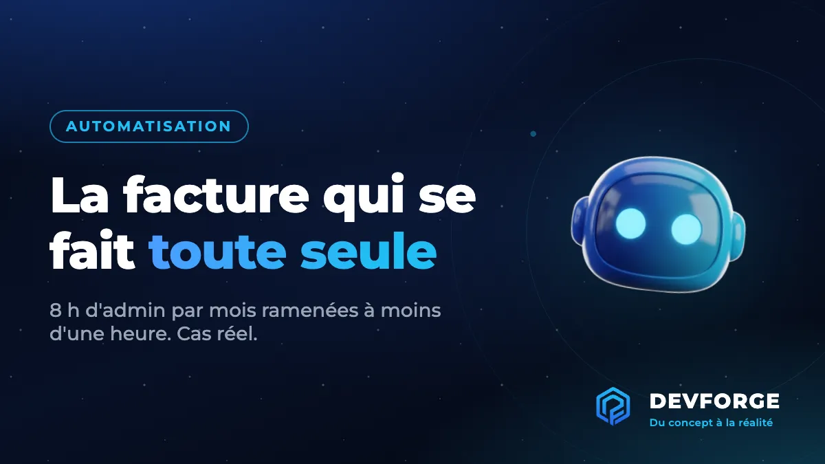 Robot 3D bleu illustrant l'automatisation, avec le titre Combien d'heures l'automatisation fait gagner et le logo DevForge
