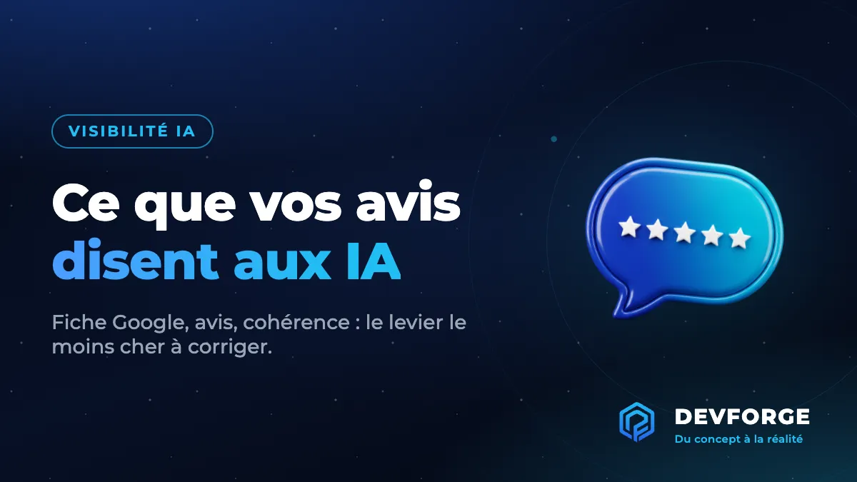 Bulle de conversation 3D bleue avec cinq étoiles et le titre Ce que vos avis disent aux IA, logo DevForge, illustrant le poids des avis Google dans les réponses des IA