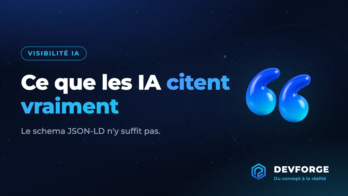 Guillemets 3D bleus avec le titre Ce que les IA citent vraiment et le logo DevForge, illustrant ce qui rend un contenu citable par les IA