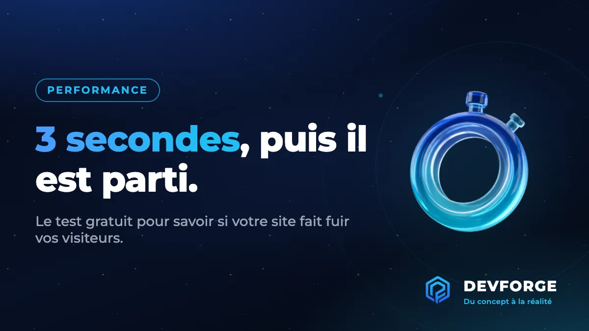 Chronomètre 3D bleu avec le titre 3 secondes puis il est parti et le logo DevForge, illustrant le test de vitesse d'un site web