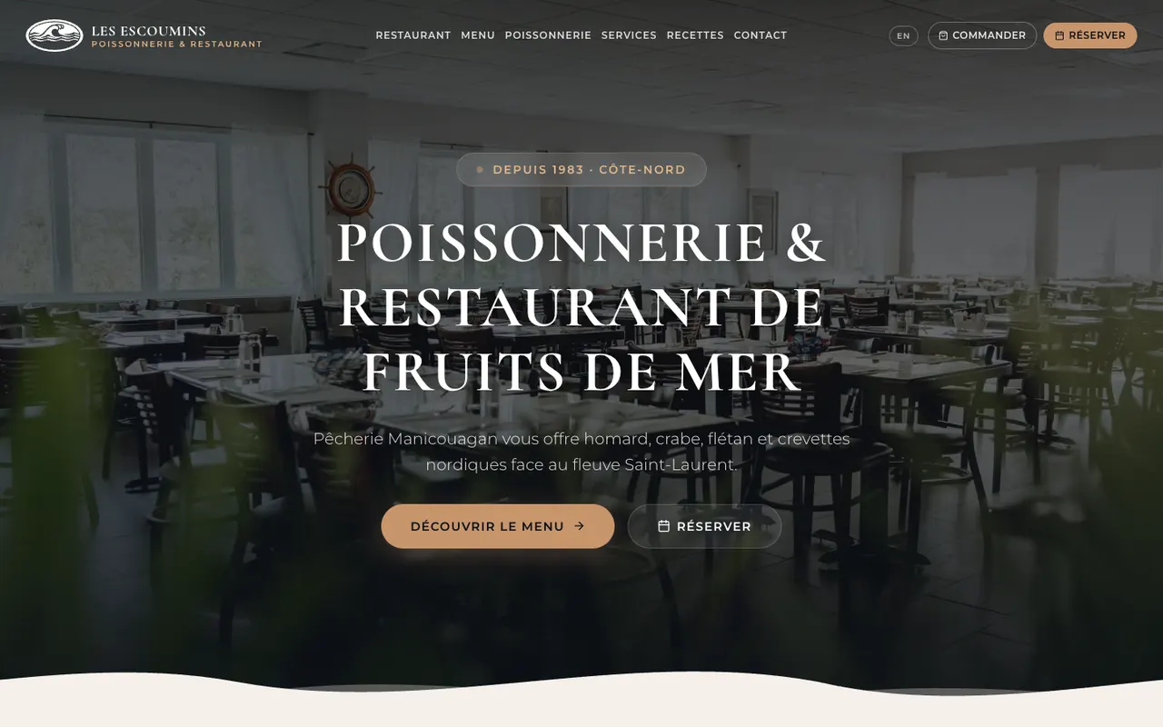 Site web Poissonnerie Les Escoumins - Site bilingue sur mesure d'un restaurant et poissonnerie de la Côte-Nord, affiché sur ordinateur et téléphone