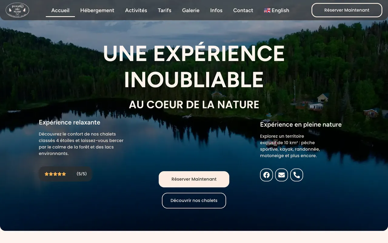 Site web Pourvoirie Chez Pelchat - Site vitrine WordPress avec demande de réservation en ligne et assistant IA