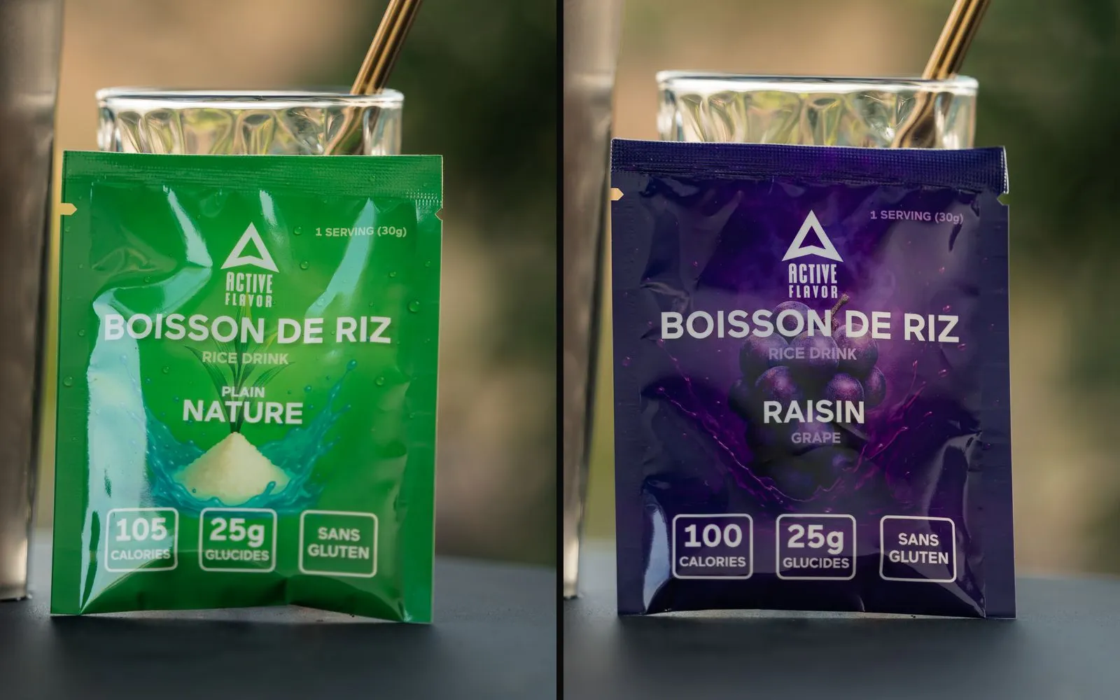 Sachets d'échantillon de boisson de riz Active Flavor imprimés, saveurs nature (vert) et raisin (violet)