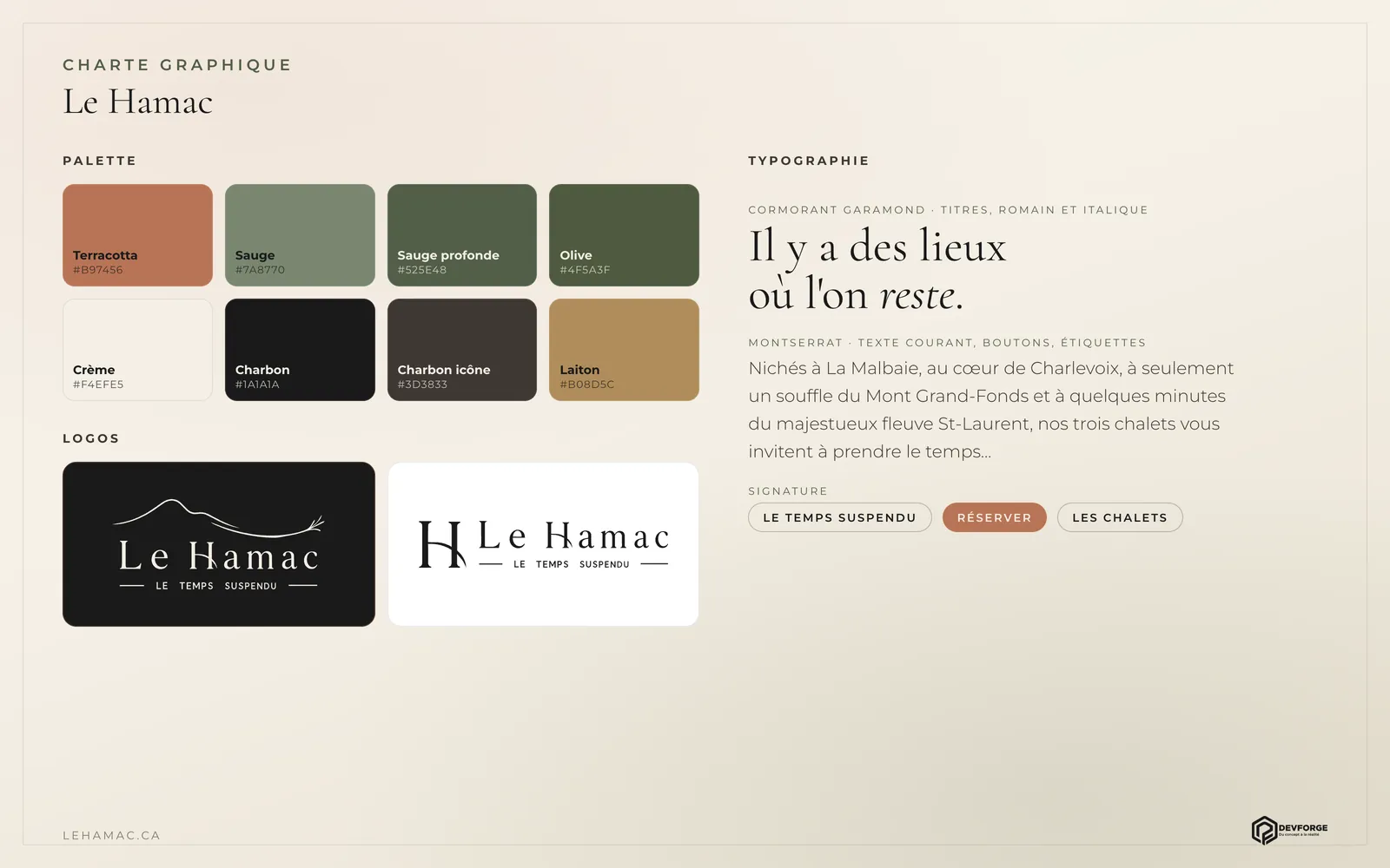 Charte graphique du Hamac : palette terracotta, sauge, olive et crème, typographies Cormorant Garamond et Montserrat, logos sur fond charbon et sur fond blanc