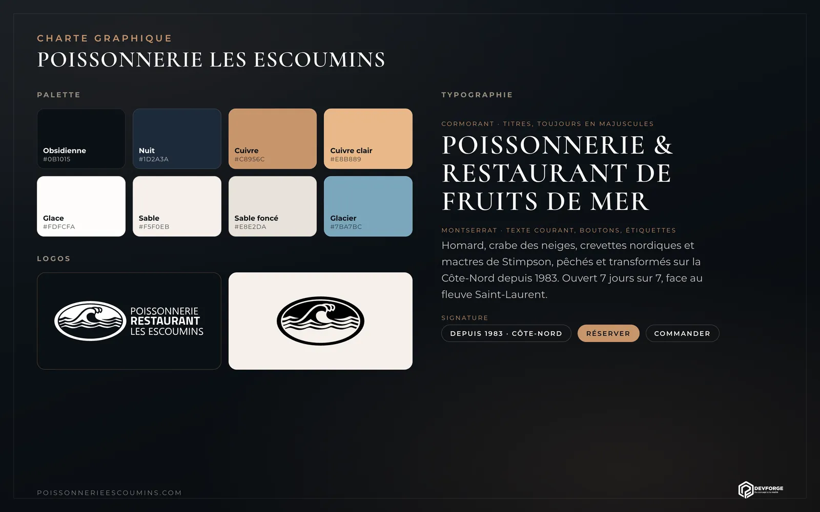 Charte graphique de la Poissonnerie Les Escoumins : palette obsidienne, sable et cuivre, typographies Cormorant et Montserrat, logos sur fond sombre et sur fond sable